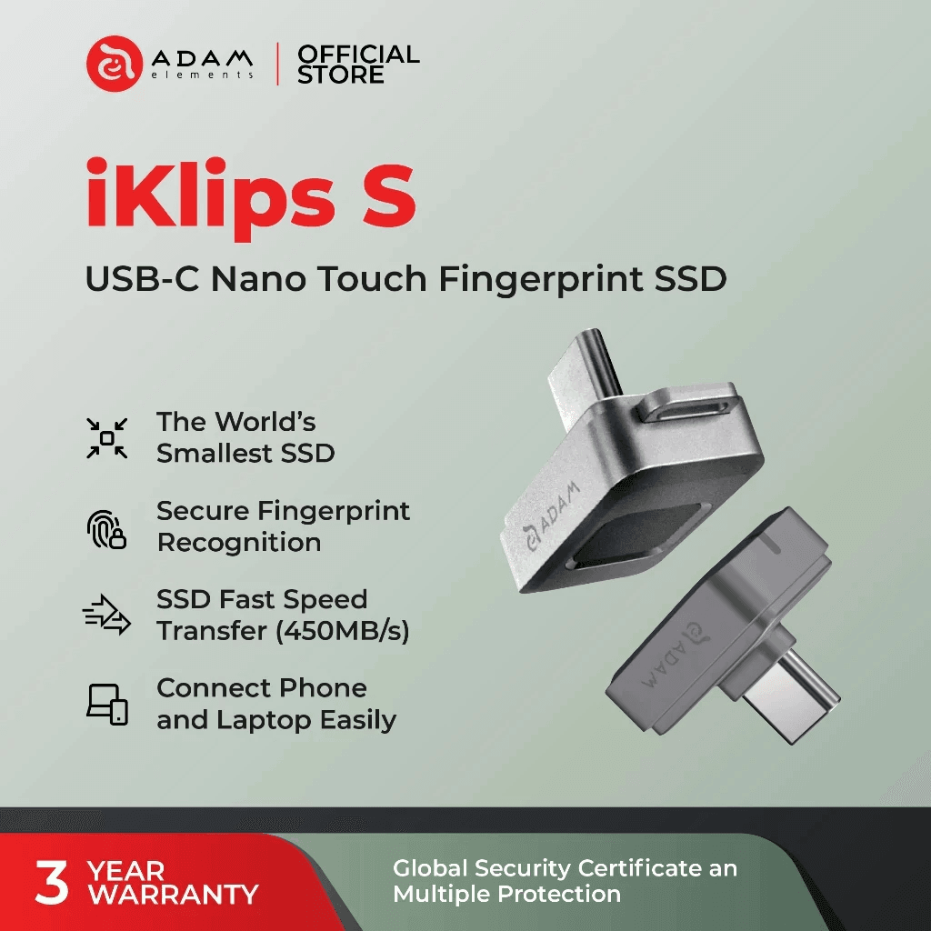 Adam Elements - Flash Drive - SSD - Nano Touch Fingerprint - USB C - 256 GB - 450 Mbps - Iklips S - Gray - SFI Group