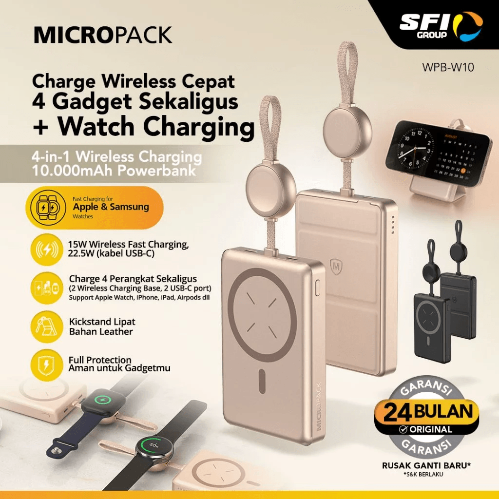 Micropack Wireless Powerbank 10.000 mAh - Fast Charging 22,5 watt - Magnetic - With Watch Charger & Kickstand - 4-in-1 - Power Bank 10000 mAh - WPB-W10 - SFI Group