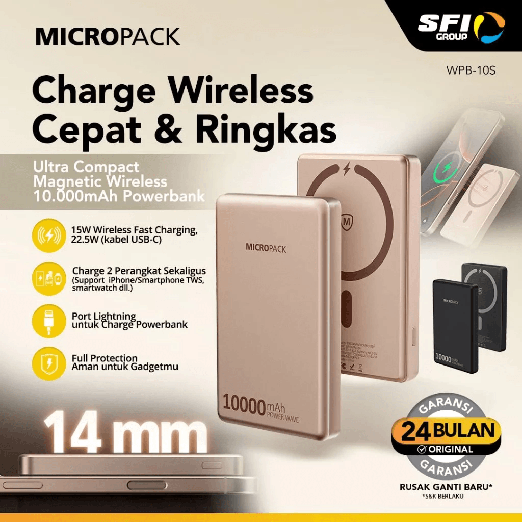 Micropack Wireless Powerbank 10.000 mAh - Fast Charging 22,5 watt - Slim Magnetic 14mm - Power Bank 10000 mAh - WPB-10S - SFI Group