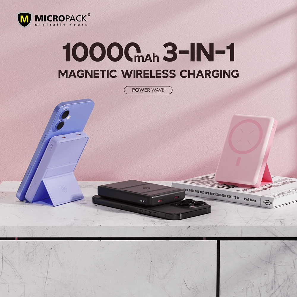 Micropack Wireless Powerbank 10.000 mAh - Fast Charging 22,5 watt - Magnetic - 3-in-1 - With Stand - Power Bank 10000 mAh - WPB-10 - SFI Group - 4