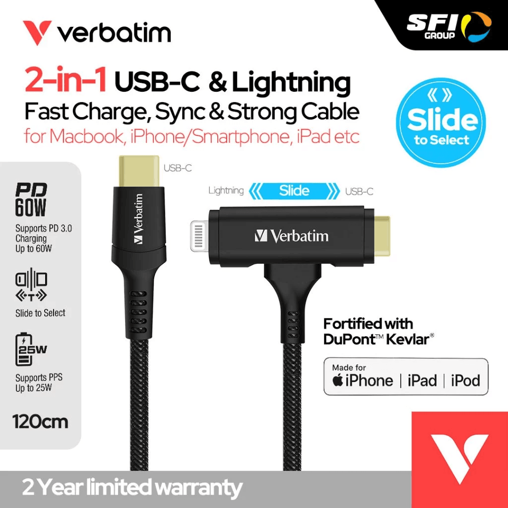 Verbatim Cable Charger 2 in 1 C to C & Lightning – 60W – 480 Mbps – 120 Cm - Fast Charging Kabel Data - SFI Group