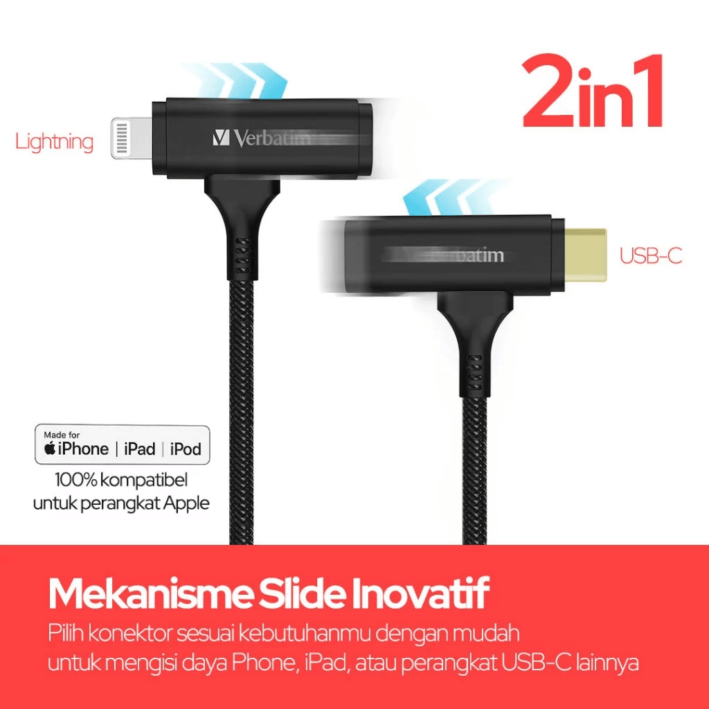 Verbatim Cable Charger 2 in 1 C to C & Lightning – 60W – 480 Mbps – 120 Cm - Fast Charging Kabel Data - SFI Group - 2