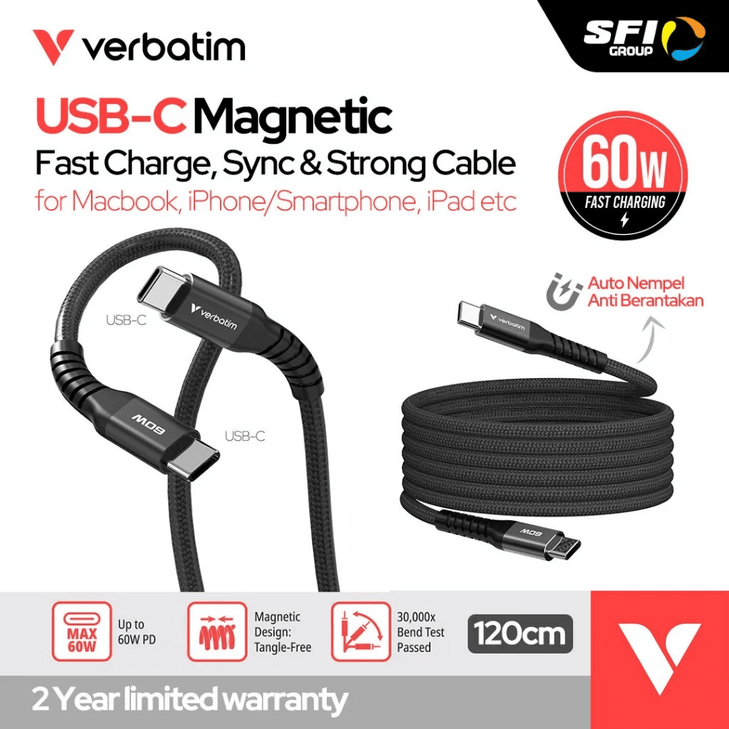 Verbatim Cable Charger Magnetic USB C To C Kevlar – Kabel Fast Charging 60W – 120 Cm - SFI Group