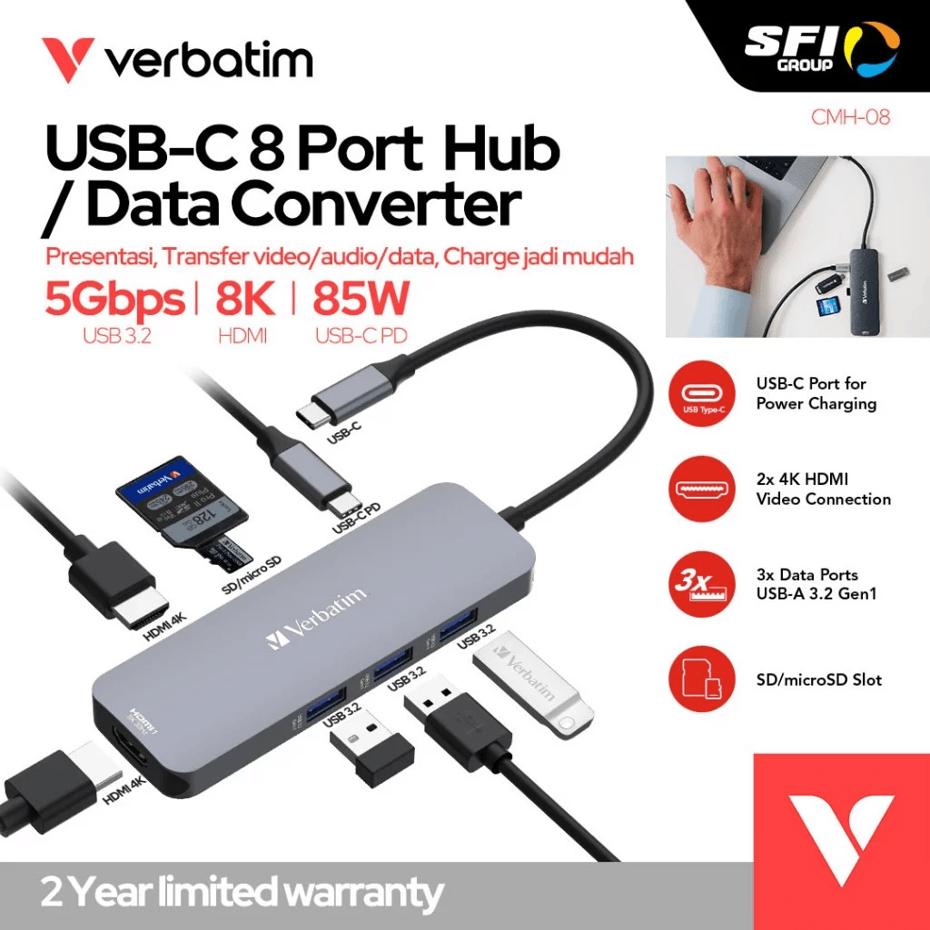 Verbatim Data Converter – CMH-08 – USB C Pro Multiport 8 In 1 Hub – USB C Connector – 3x USB 3.2 Gen 1 – 2x HDMI – SDMicroSD - SFI Group