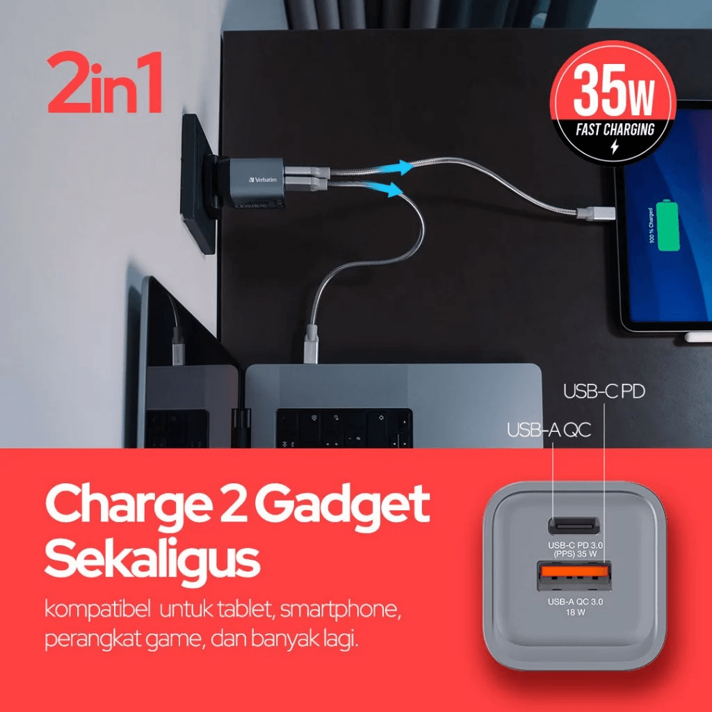 Verbatim Travel Charger 35W GaN – With Travel Adapter – 1x USB C 35W – 1x USB A 18W – Grey – Fast Charging - SFI Group - 4