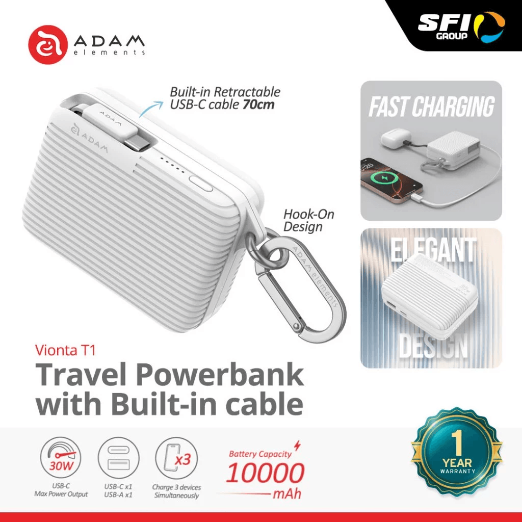 Adam Elements Vionta T1 Travel Powerbank 10.000mAh - With Built In–Cable Type C - Kabel USB-C - Power Bank 10000 mAh - SFI Group