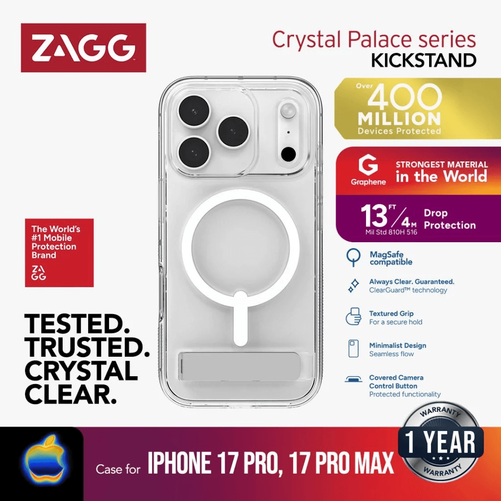 ZAGG Case For iPhone 17 Pro 17 Pro Max - Casing HP Iphone 17 ProMax - Crystal Palace Snap - with Kickstand Kick Stand & Camera Button - Clear - SFI Group