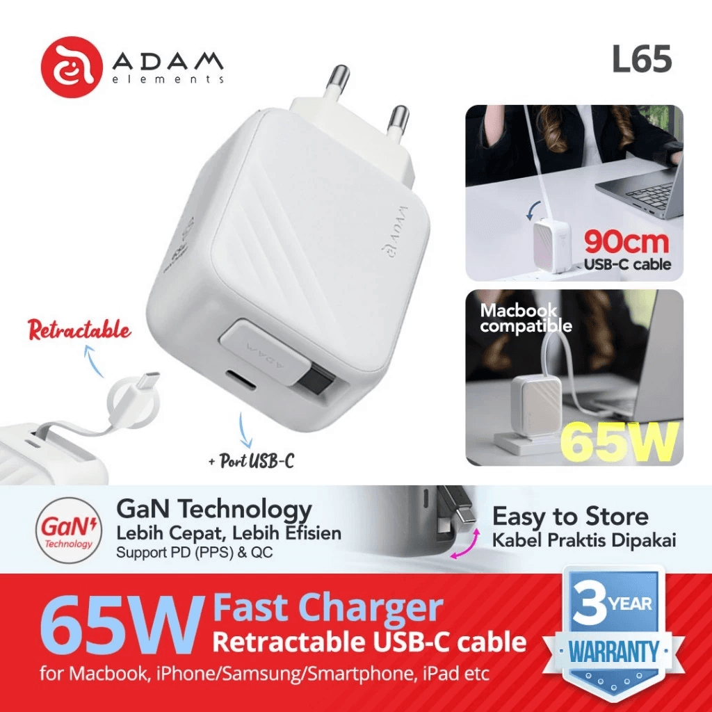 Adam Elements Wall Charger - Fast Charging 35w/65w - With Built-In 90cm Retractable USB-C Cable - GaN - 1x USB-C Port - (GrayWhite) - L35/L65 - SFI Group