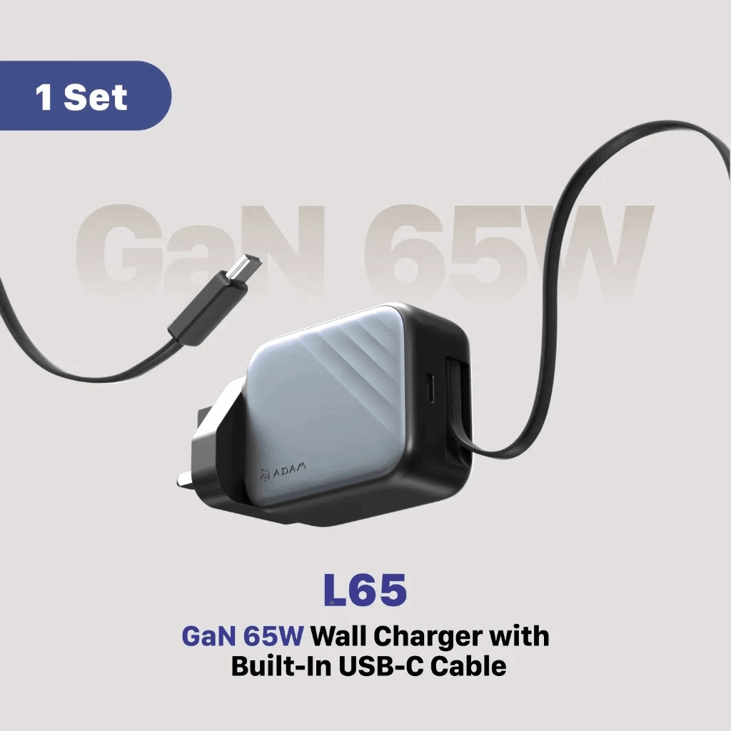 Adam Elements Wall Charger - Fast Charging 35w/65w - With Built-In 90cm Retractable USB-C Cable - GaN - 1x USB-C Port - (GrayWhite) - L35/L65 - SFI Group - 2