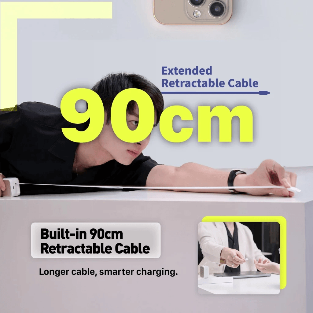 Adam Elements Wall Charger - Fast Charging 35w/65w - With Built-In 90cm Retractable USB-C Cable - GaN - 1x USB-C Port - (GrayWhite) - L35/L65 - SFI Group - 5