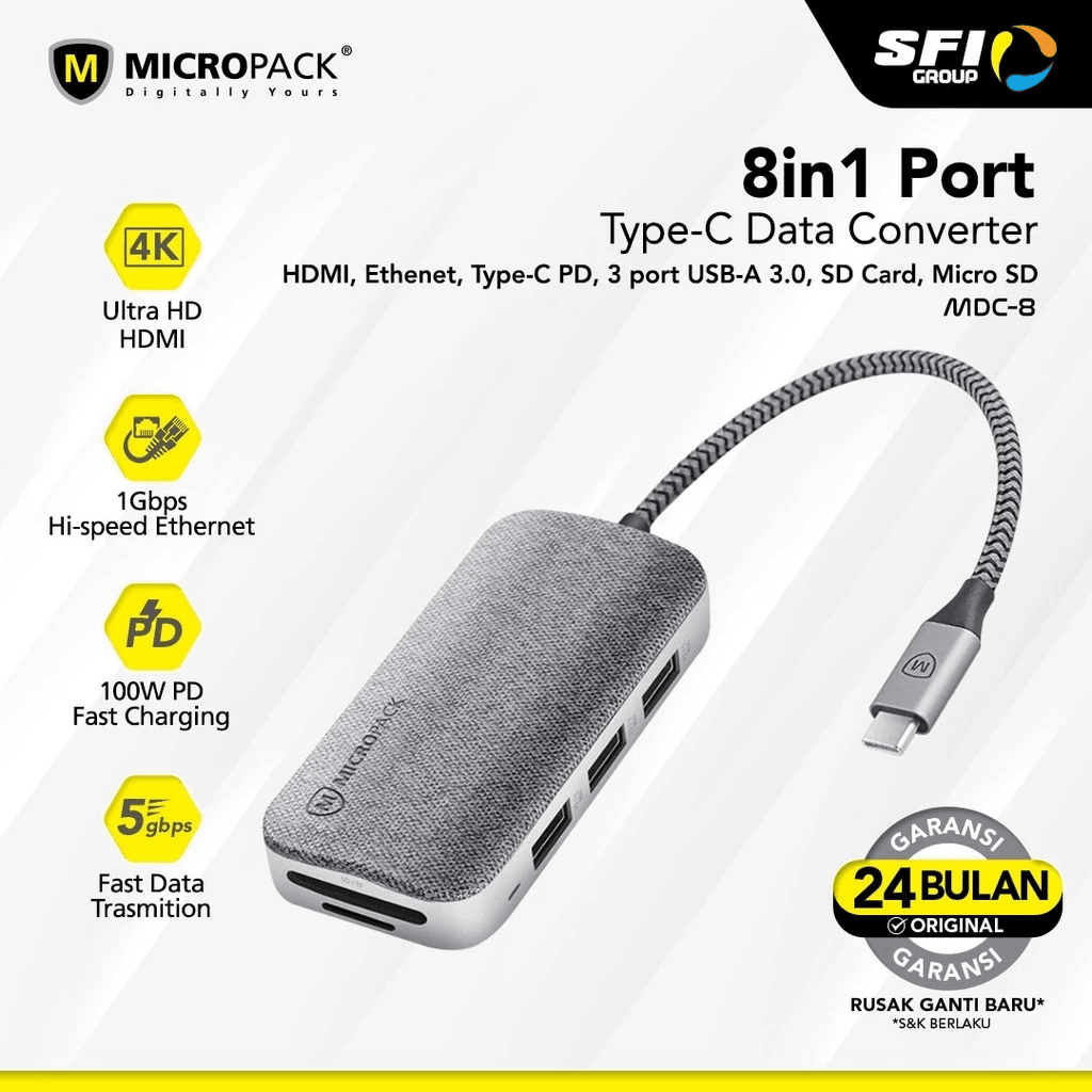 Micropack Data Converter Premium 8-in-1 - Type-C Flash 8 Port - Ultra HD 4K - 100W PD Fast Charging - MDC-8GY - SFI Group