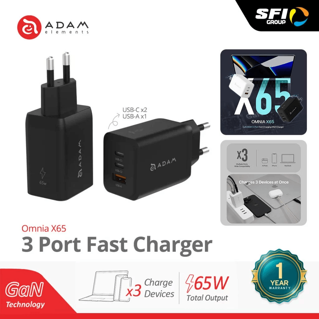 Adam Elements - Wall Charger Charging - 3 Port - 65W GaN - Omnia X65 Th - Black - SFI Group
