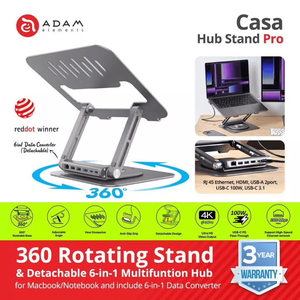 Adam Elements Data Converter USB-C 6-in-1 Laptop Stand Hub - Casa Hub Stand Pro - Grey - AAPADHUBSTDPGY - SFI Group