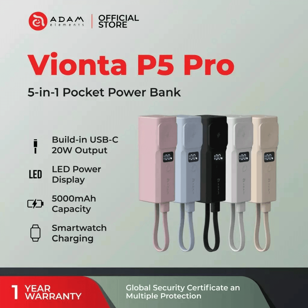 Adam Elements Power Bank Pocket 5000 mAh - Built-in USB-C Cable - 20W - Powerbank 5000 mAh - Vionta P5 Pro - Black - SFI Group