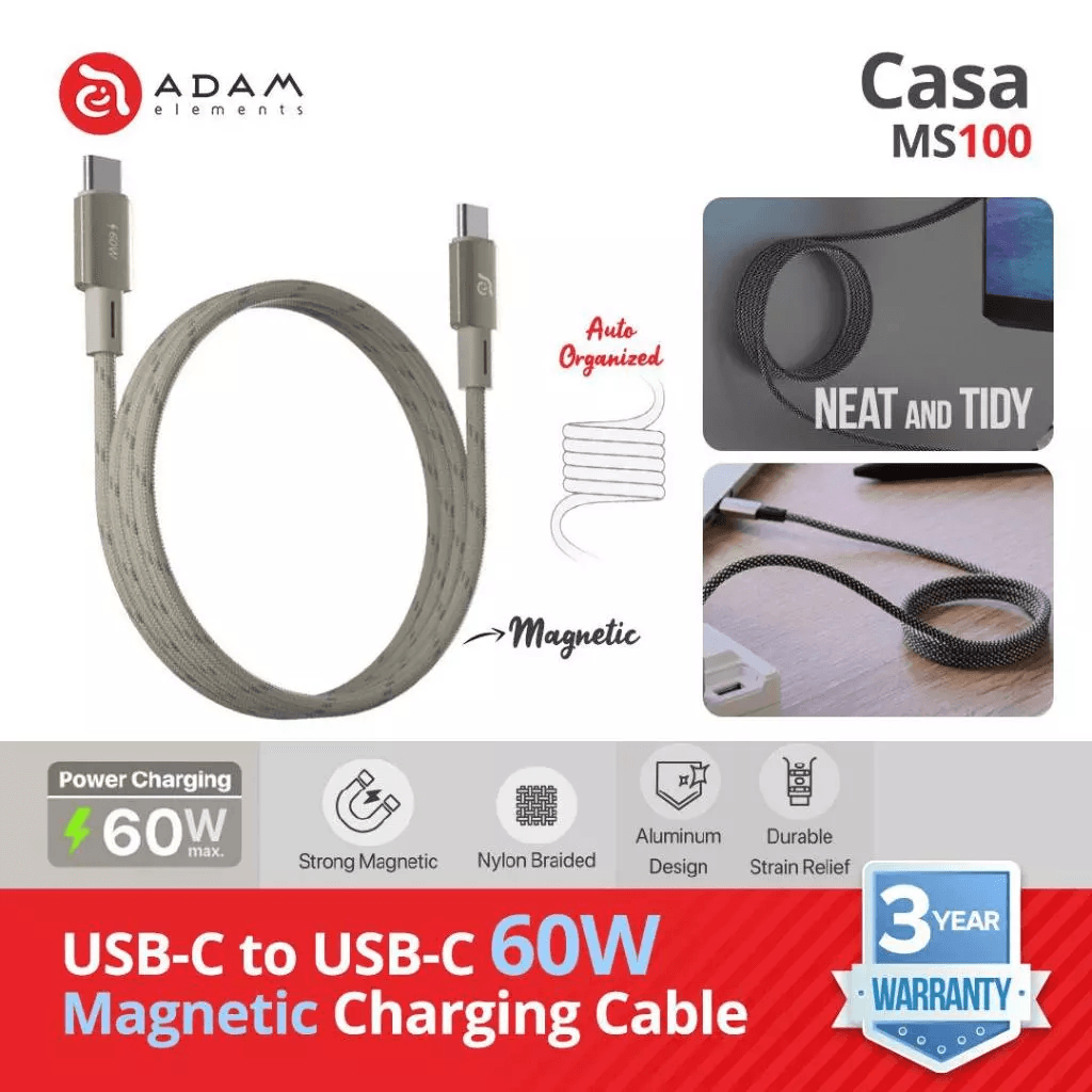Adam Elements Cable Data Magnetic USB C to C 60W - 100 cm - Kabel Data/Kabel Charger - Casa MS100 - ACBADMS100 - SFI Group