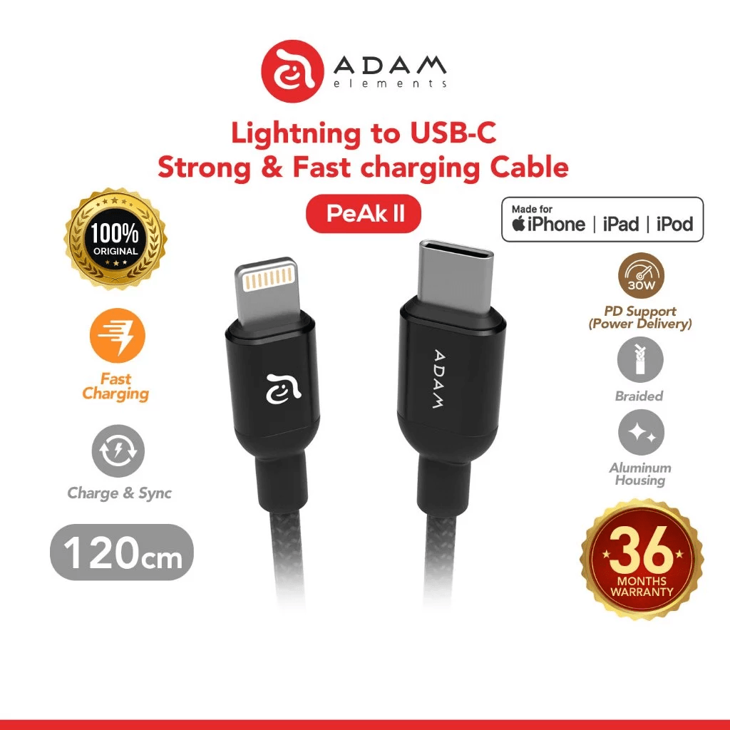 Adam Elements - PEAK II C120B - Cable USB-C to Lightning - 120CM - 30W - Sync & Charge - Black - Kabel Charger