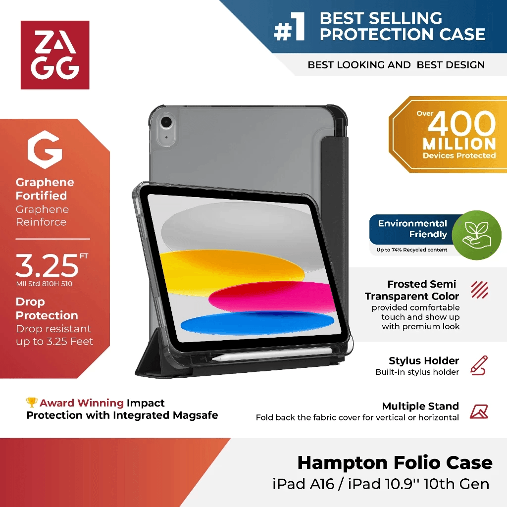 ZAGG Case For iPad (A16 2025/Gen 10th Gen 10.9 inch) Hampton Folio Casing - Black (702319595)