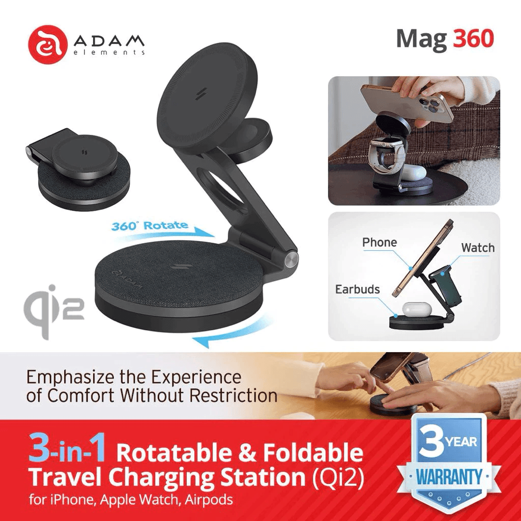 Adam Elements Mag 360 - Travel Charger Magnetic - Q12 3 in 1 Foldable Travel Charging Station