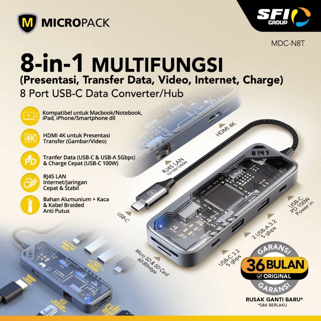 Micropack Data Converter USB-C Hub Multiport Adapter 6-in-1 - Ultra HD 4K - Fast Data Transmition - 100W PD Fast Charging - MDC-N8T - SFI Group