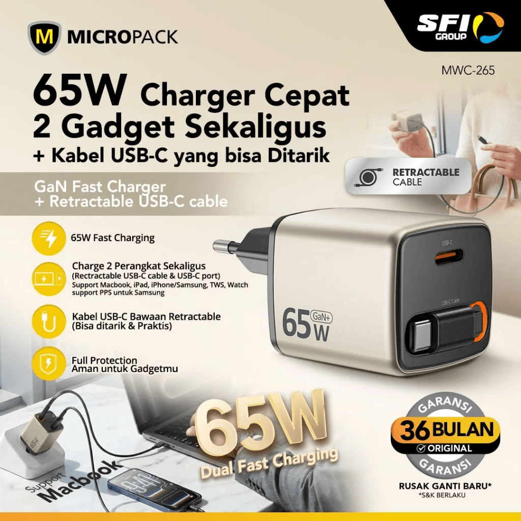 Micropack Wall Charger with Retractable Cable - Fast Charging - 65 Watt - GaN - Cable USB-C & Port USB-C - MWC-265 - SFI Group