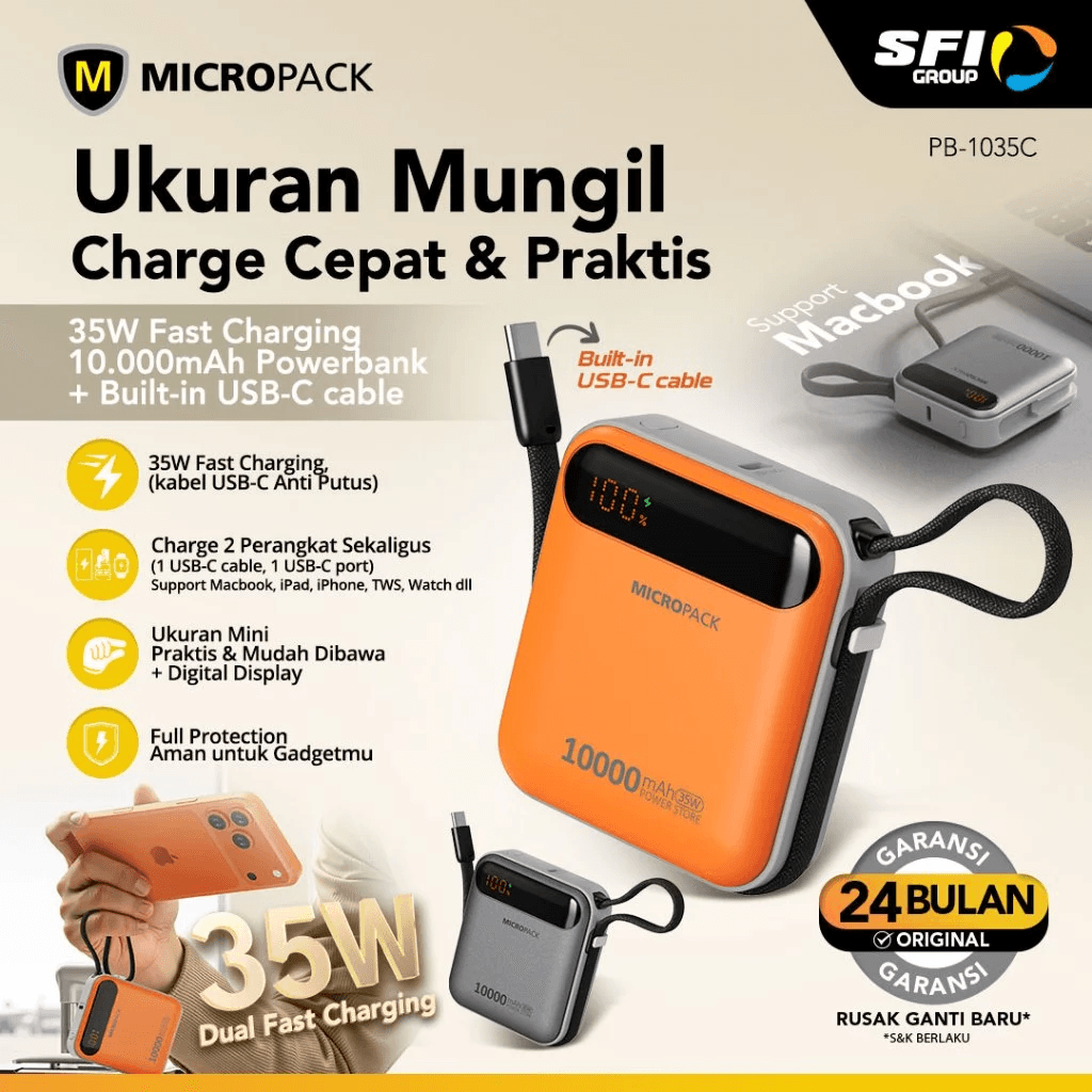 Micropack Powerbank 10.000mAh - Fast Charging 35 watt - 2-in-1 - Detachable USB-C Cable - Power Bank 10000 Super Mini - PB-1035C