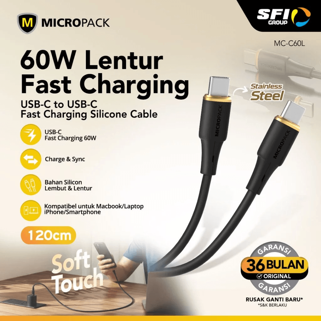 Micropack Cable C to C - Fast Charging & Soft Silicon Cable - 60 Watt - Kabel Charger 1,2 Meter - MC-C60L - SFI Group
