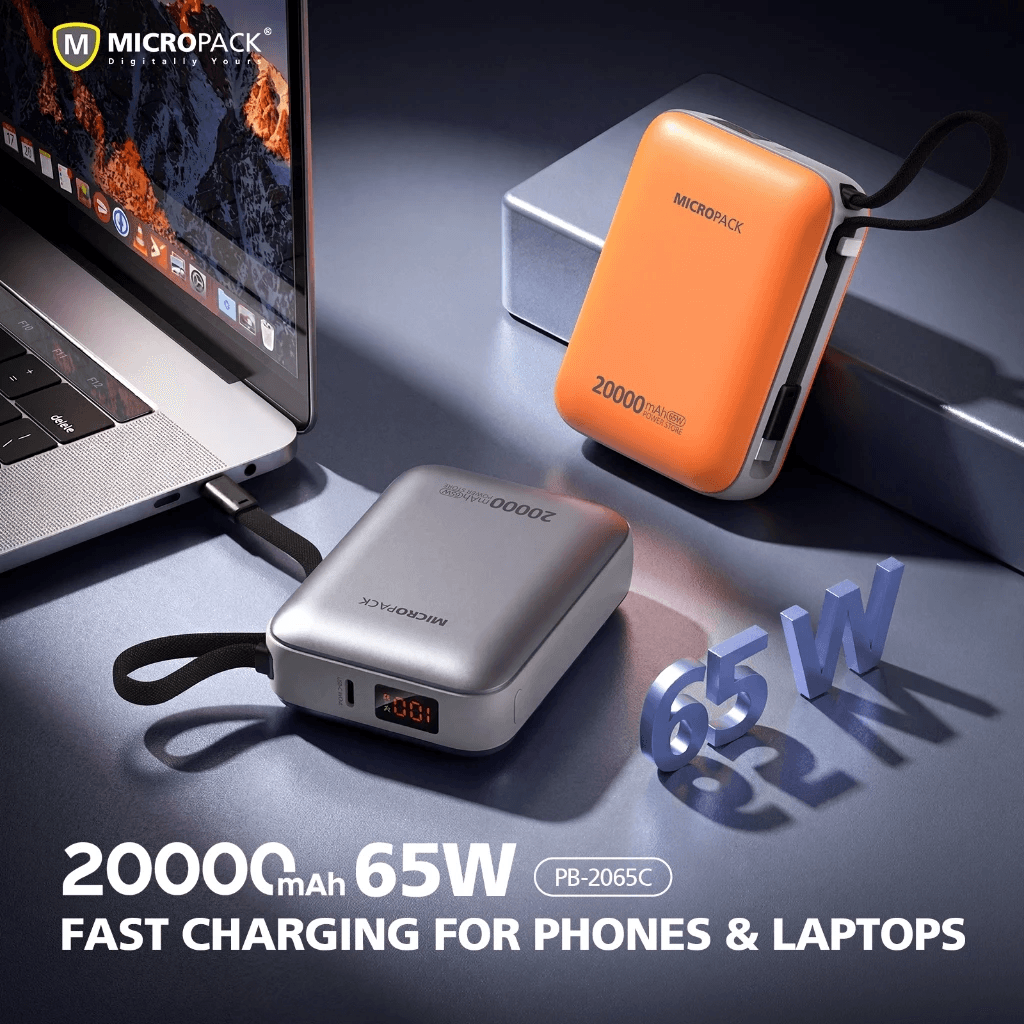 Micropack Powerbank 20.000mAh - Fast Charging 65 watt - 2-in-1 - Detachable USB-C Cable - Power Bank 20000 - PB-2065C - SFI Group - 2