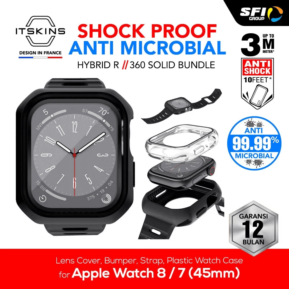 ITSKINS Case For Apple Watch 8/7 (45MM) Hybrid R 360 Solid Bundle (Lens Cover, Bumper, Strap - Black - SFI Group