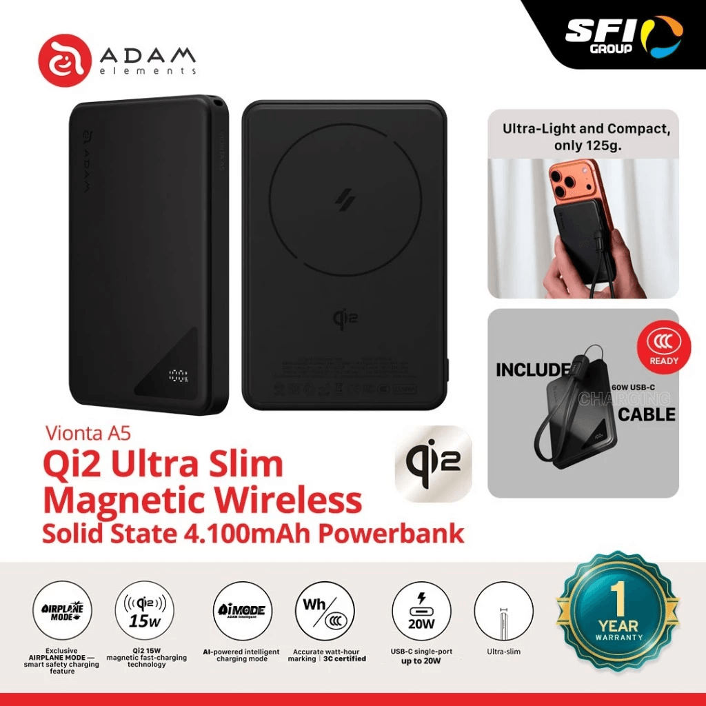 Adam Elements - Powerbank Vionta A5 Slim Qi2 CCC - Fast Charging 4.100 4100 mAh - 60W - Power Bank - SFI Group