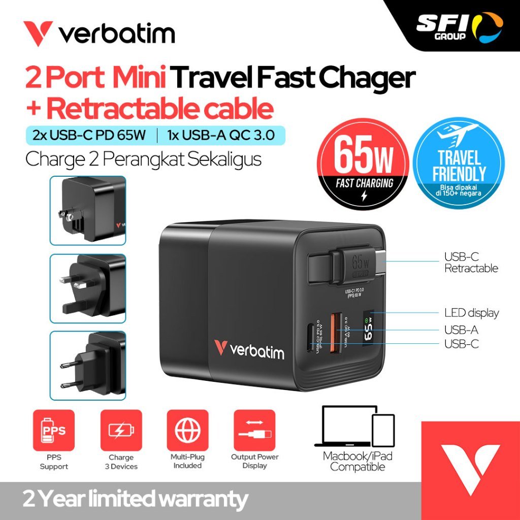 Verbatim Travel Charger 65W GaN - With Travel Adapter & Retractable Type C to C Cable - 2xUSB C 65W - 1xUSB A 60W - Black - Charging Kabel - SFI Group