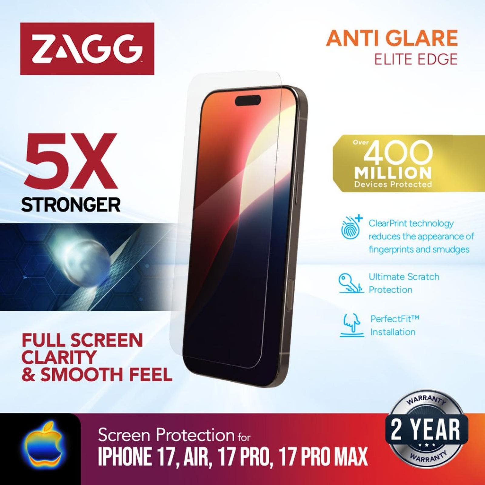 ZAGG Screen Protector Tempered Glass iPhone 17 - Anti Gores HP iPhone 17/ 17 Air /17 Pro /17 Pro Max Elite Edge Anti Glare - SFI Group