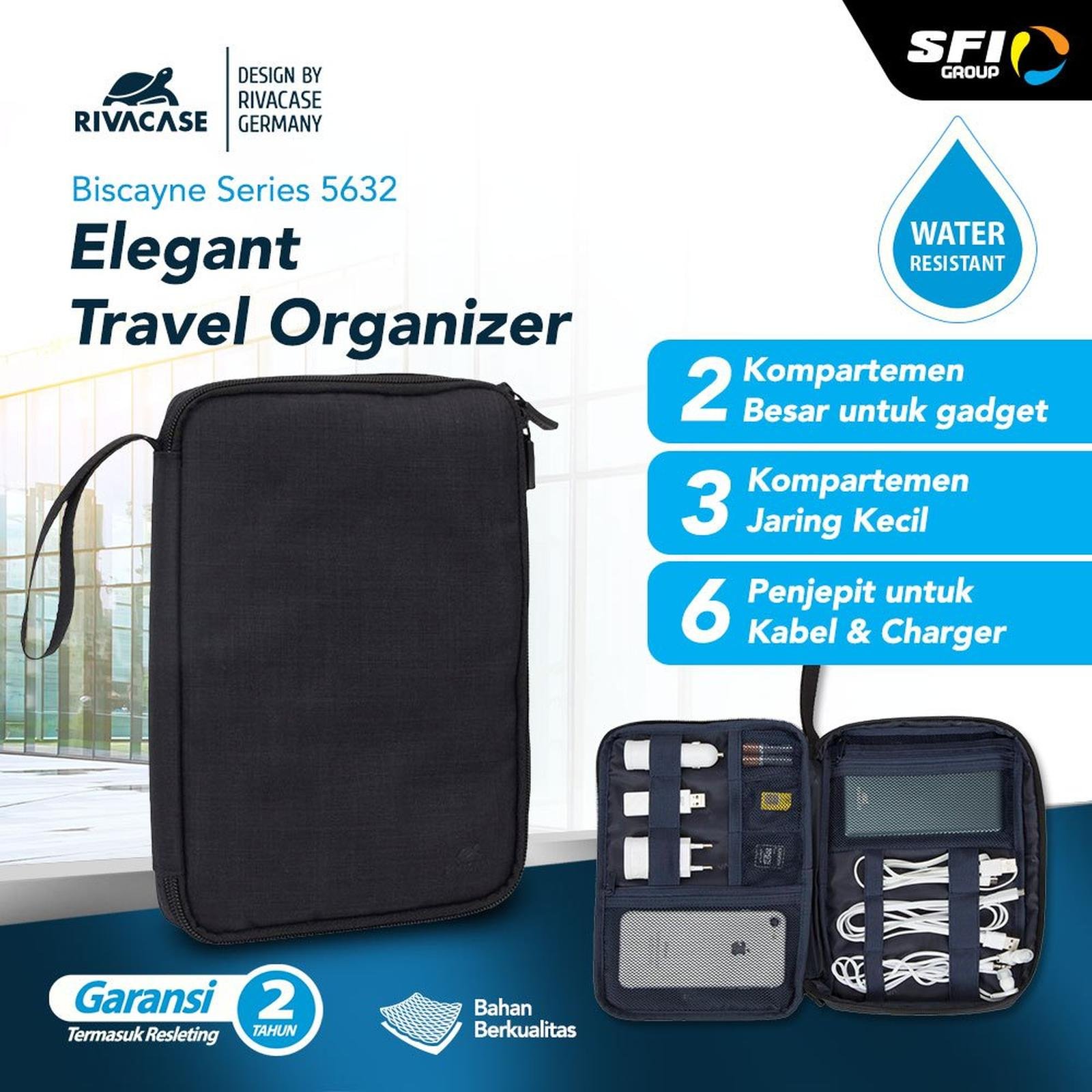 RIVACASE Tempat Penyimpanan Pouch Travel Bag Organizer Water Resistant - Biscayne (5632) - Black & Blue - SFI Group