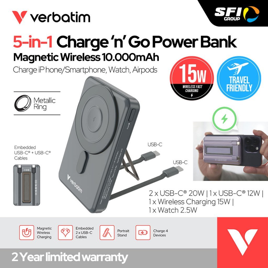 Verbatim Charge N Go – Power Bank Powerbank Wireless Magnetic 10.000 mAh – 5 In 1 – With Watch Charger & Stand – 2x USB C 20W – 1x USB C 12W – 1x Wireless Charging 15W – 1x Watch 2.5W – Black - SFI Group