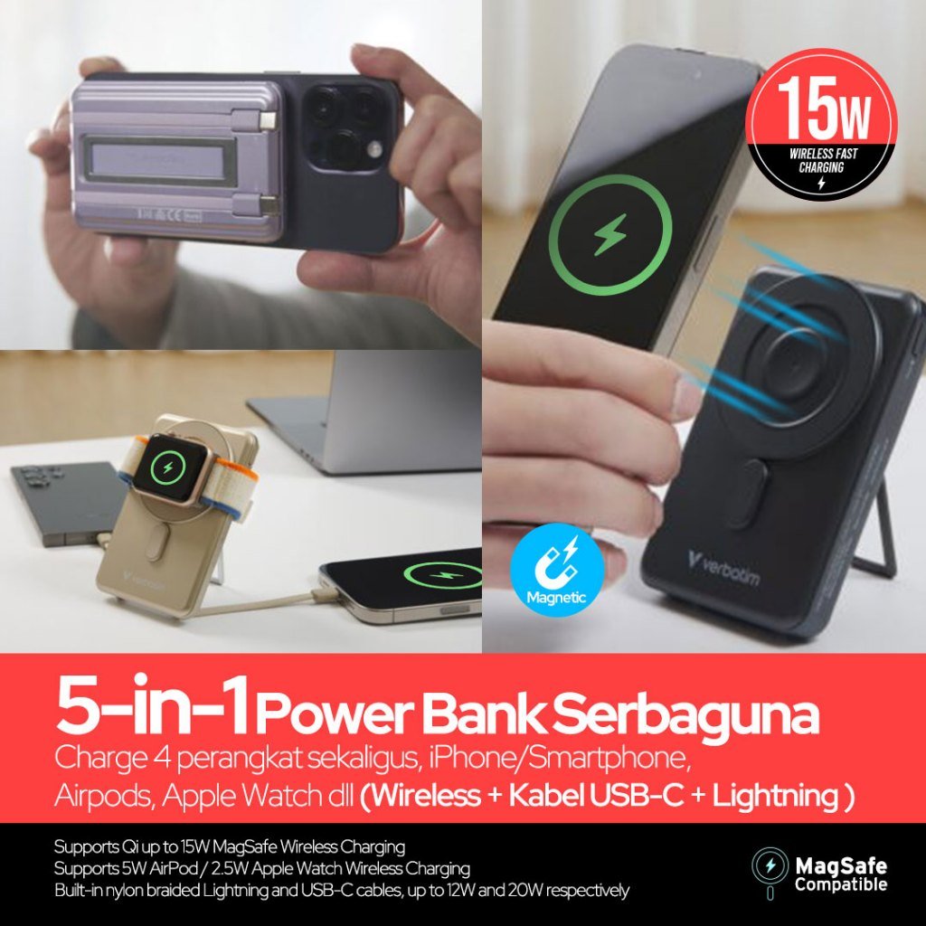 Verbatim Charge N Go – Power Bank Powerbank Wireless Magnetic 10.000 mAh – 5 In 1 – With Watch Charger & Stand – 2x USB C 20W – 1x USB C 12W – 1x Wireless Charging 15W – 1x Watch 2.5W – Black - SFI Group - 2