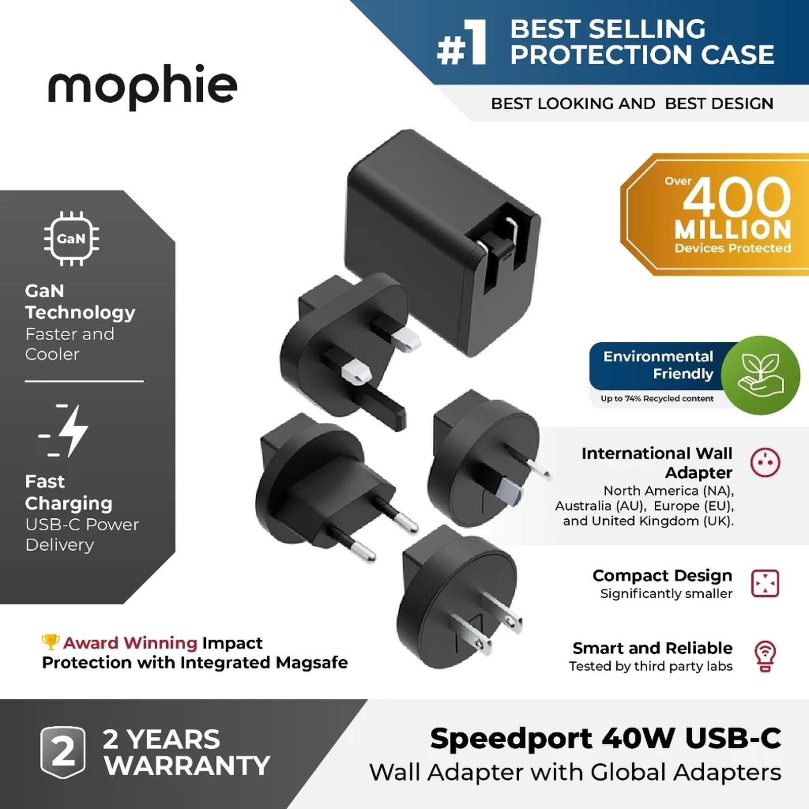 Mophie Wall Global Adapter Adaptor + Travel Charger Charging Pluf Fixec USB C 40w - Black - SFI Group