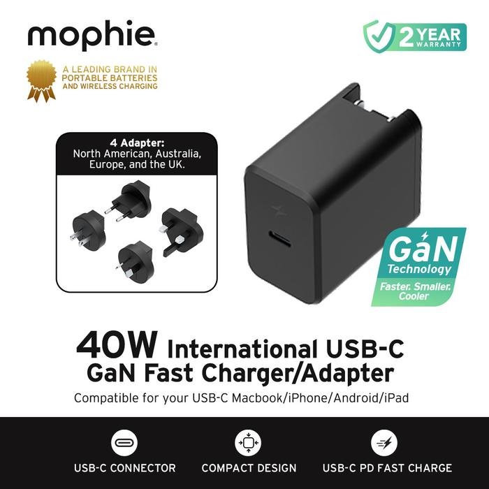 Mophie Wall Global Adapter Adaptor + Travel Charger Charging Pluf Fixec USB C 40w - Black - SFI Group - 2