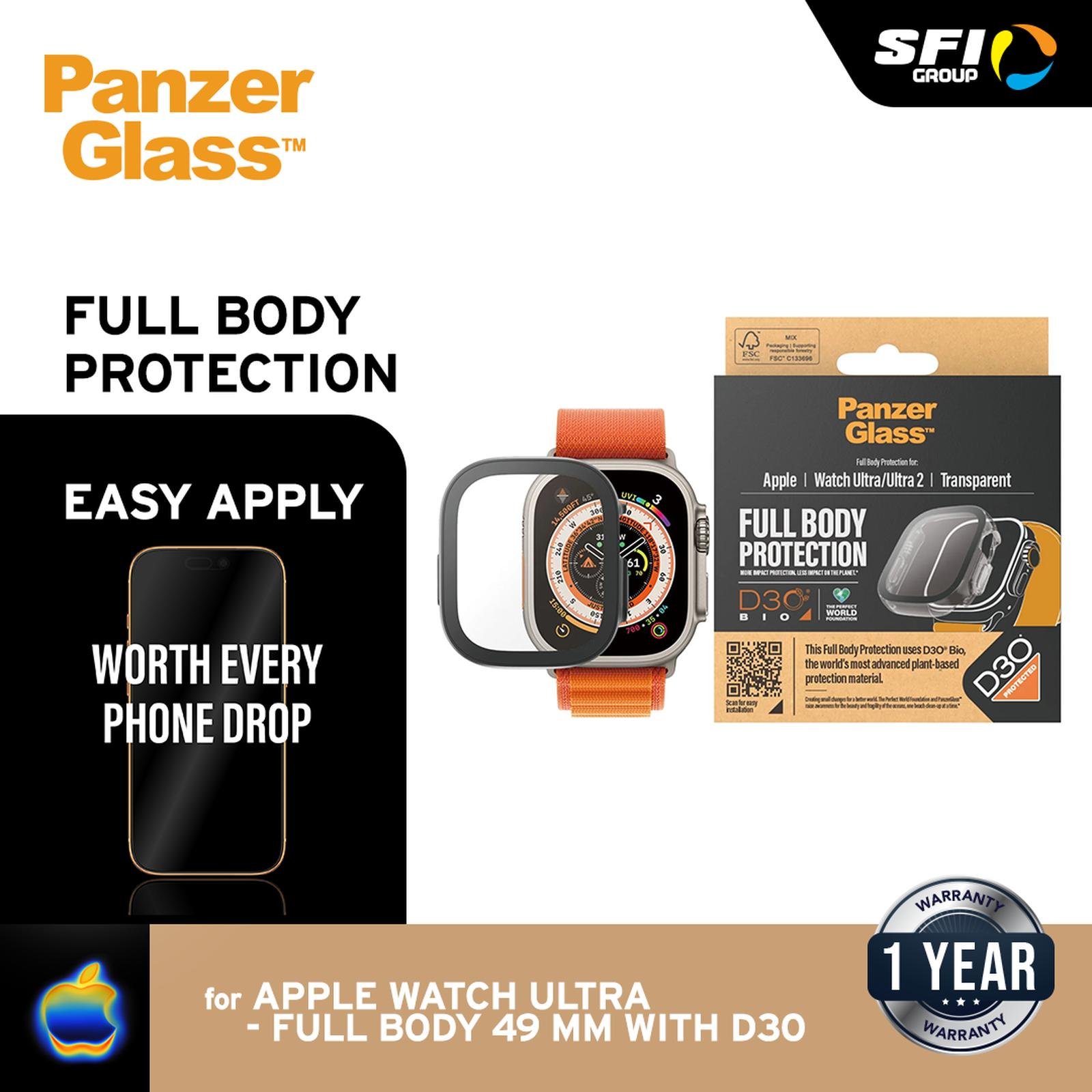 PanzerGlass Screen Protector Apple Watch Full Body With D30 for Ultra | Ultra 2 | Case Apple Watch 49mm Anti Gores Tempered Glass - SFI Group