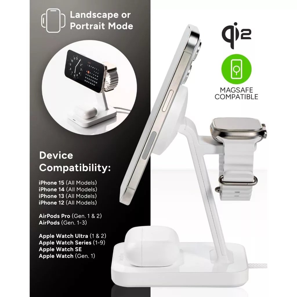 Mophie Charger Wireless Station - 3 in 1 - Qi2 15W - Charging Stand - White - SFI Group - 4