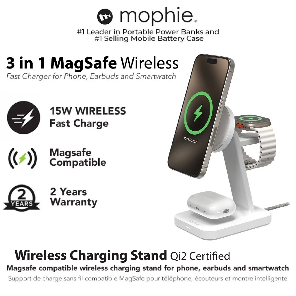 Mophie Charger Wireless Station - 3 in 1 - Qi2 15W - Charging Stand - White - SFI Group