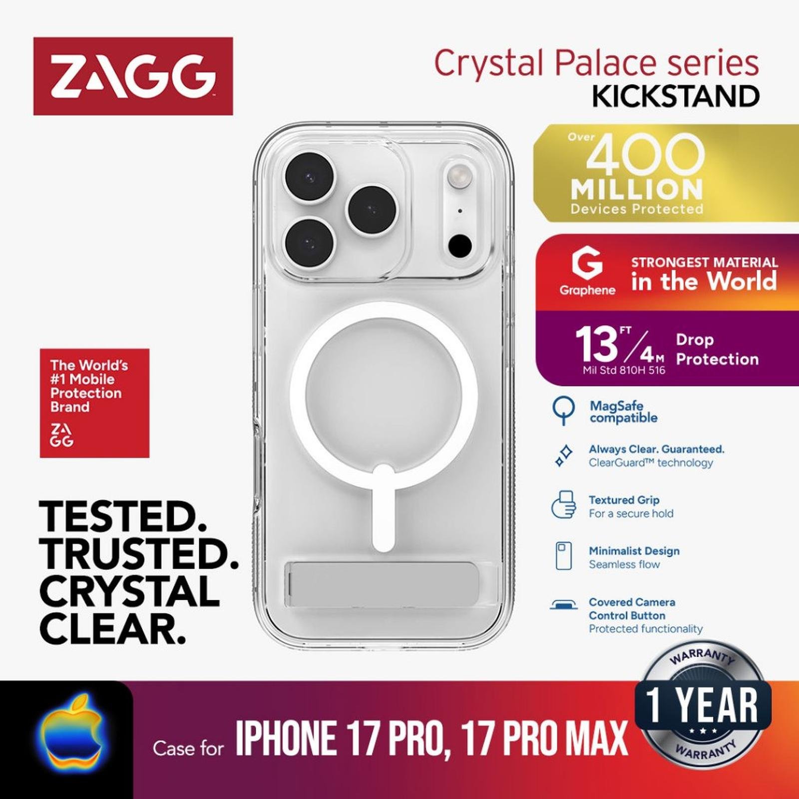 ZAGG Case For iPhone 17 Pro / 17 Pro Max - Casing HP Iphone 17 - Crystal Palace Snap - with Kickstand Kick Stand & Camera Button - Clear - SFI Group