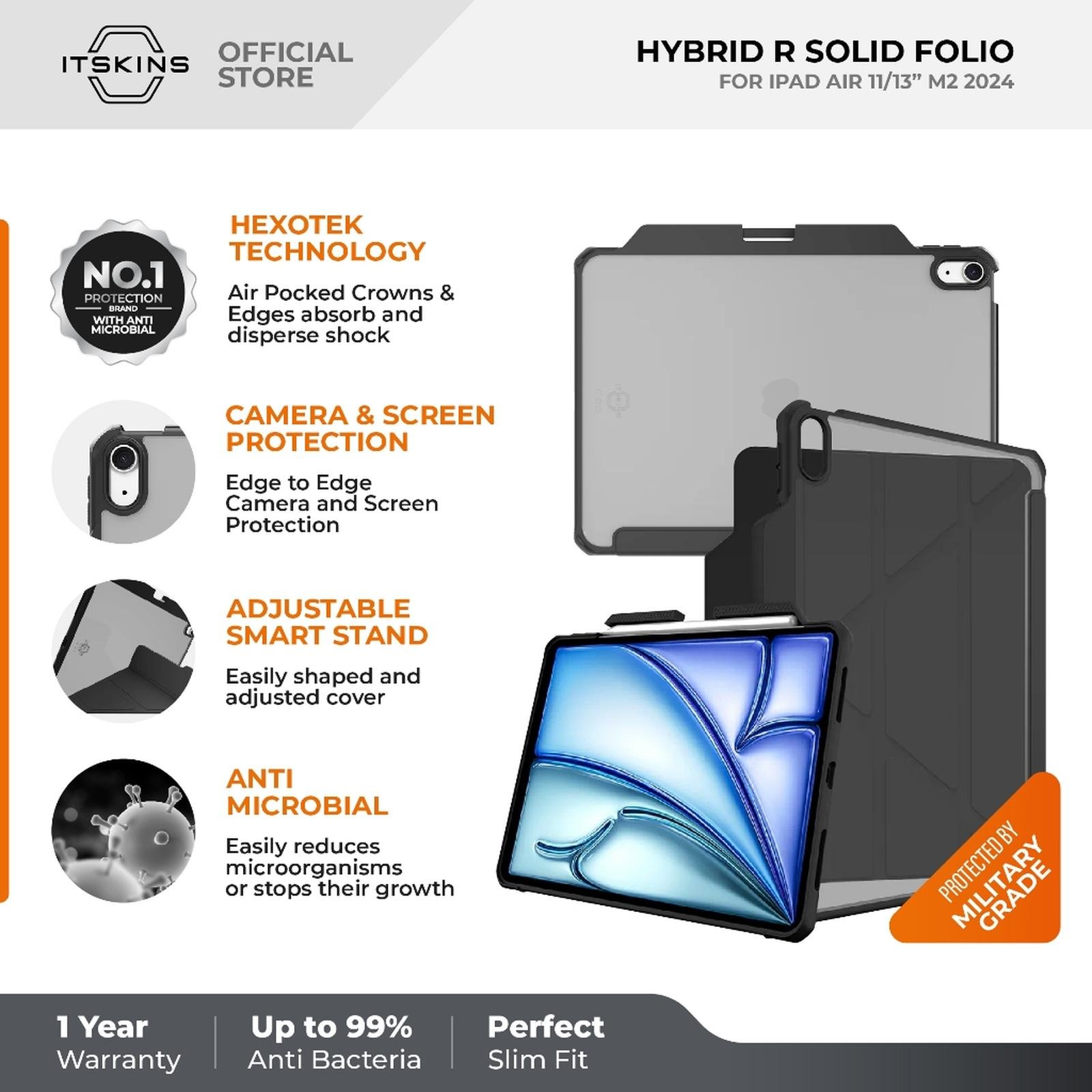 ITSKINS CASE FOR IPAD AIR 13 INCH - 1ST GEN 2024 - HYBRID SOLID FOLIO - BLACK (4894465638122)