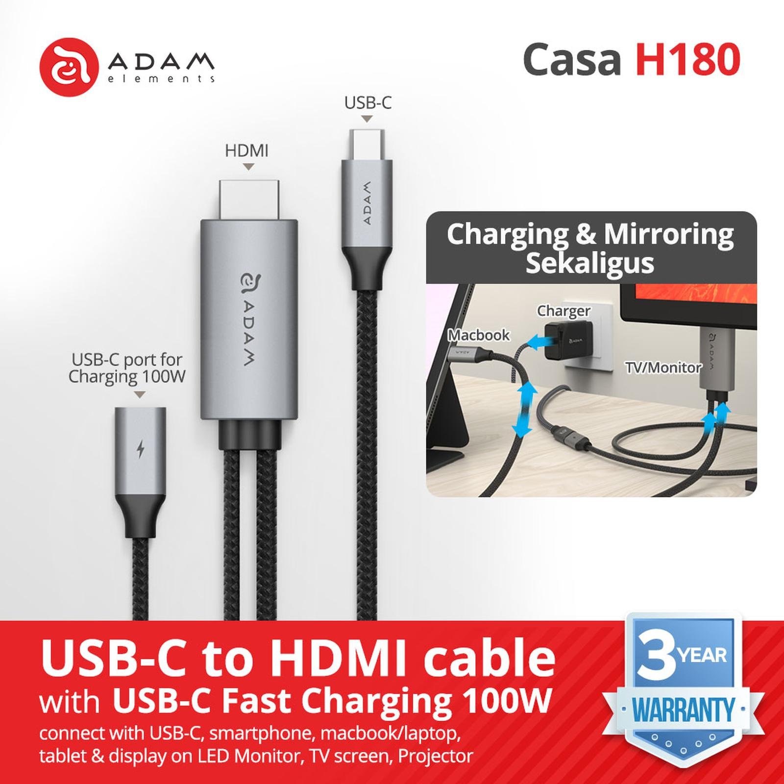 Adam Elements Data Converter & Cable Data USB-C to HDMI & Type-C PD 100W 180 cm - Fast Charging - Kabel Charger - Casa H180 - ACBADH180M - SFI Group
