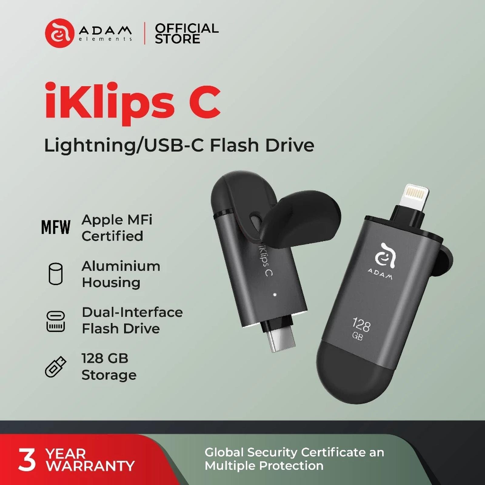 Adam Elements iKlips C 128GB USB C & Lightning Flash Drive OTG for iPhone Android Macbook Laptop - SFI Group