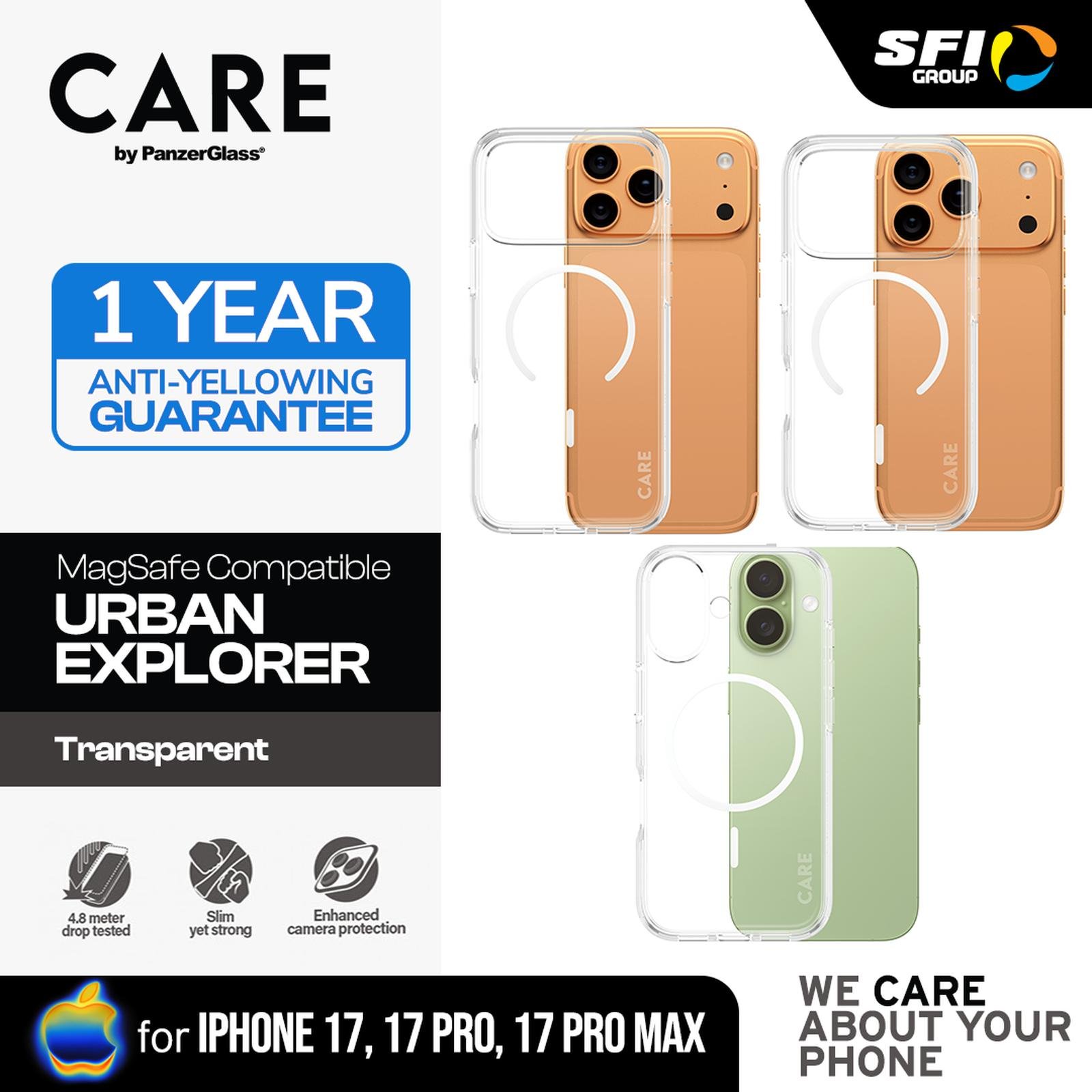CARE by PanzerGlass Case For iPhone 17 / 17 Pro / 17 Pro Max - Casing iPhone 17 - Flagship Case Urban Explorer With White MagSafe - Transparent - SFI Group