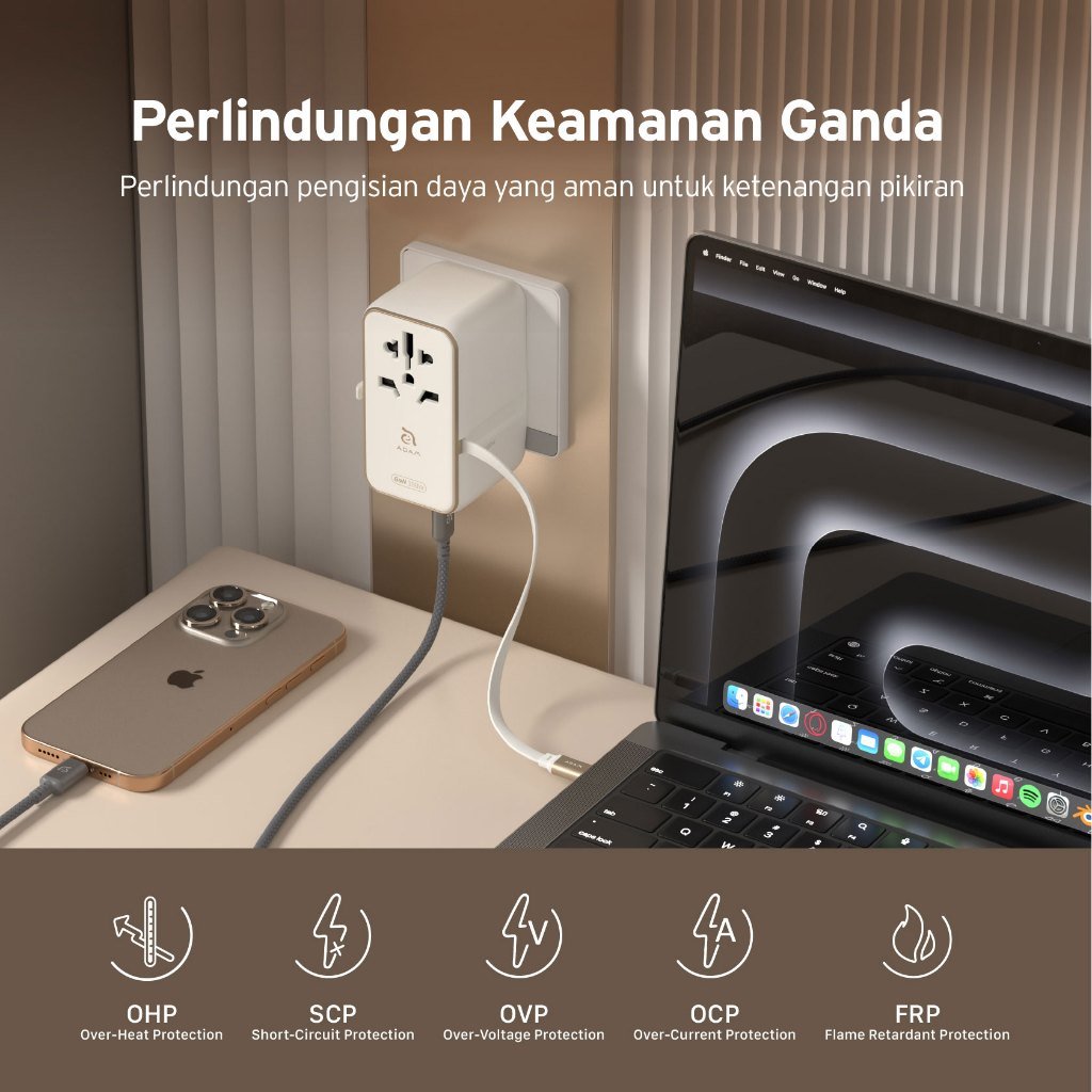 Adam Elements Omnia T35L Travel Adapter with Built In Cable C 70 CM - 35W GaN - 2X USB C Port - 2X USB A Port - Silver - SFI Group - 5