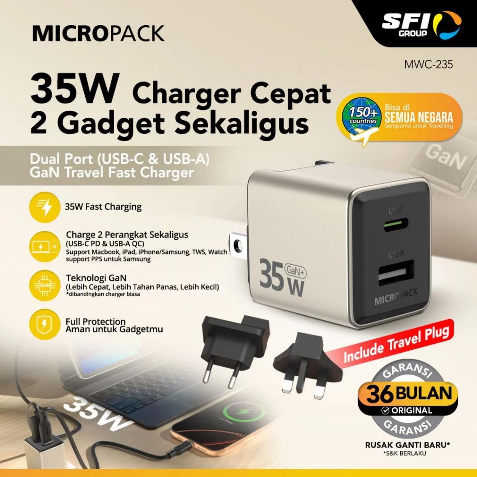 Micropack Wall Charger with Travel Adapter - Fast Charging - 35watt - GaN - Dual Port USB-C & USB-A - MWC-235