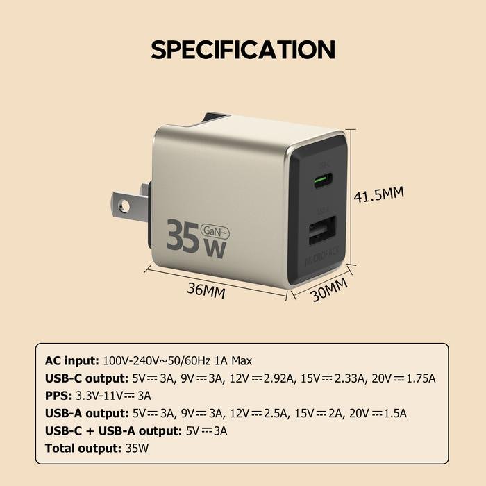 Micropack Wall Charger with Travel Adapter - Fast Charging - 35watt - GaN - Dual Port USB-C & USB-A - MWC-235 - 5