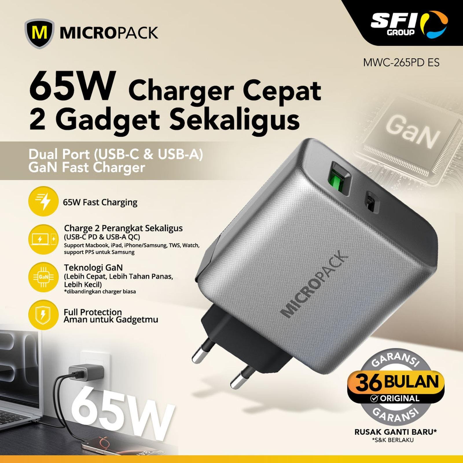 Micropack Wall Charger Dual Port - Fast Charging 65watt - GaN - MWC-265PD-ES