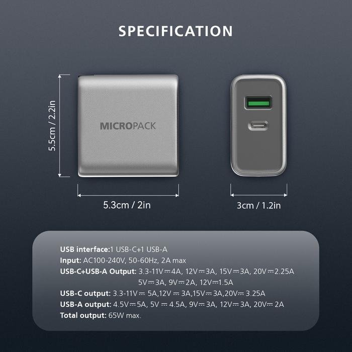 Micropack Wall Charger Dual Port - Fast Charging 65watt - GaN - MWC-265PD-ES - 5