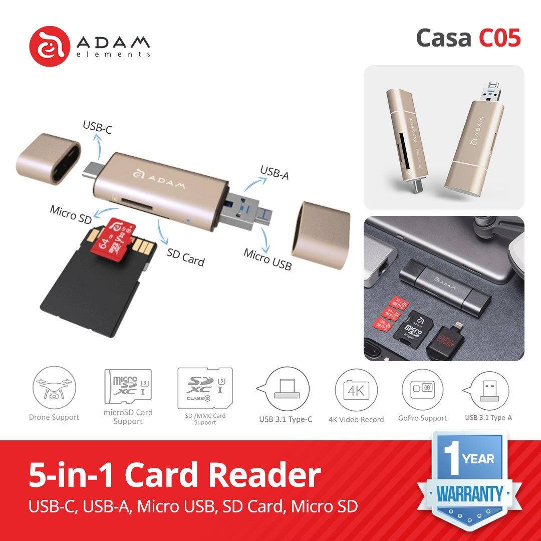 Adam Elements CASA C05 - Data Converter - USB 3.1 USB Type C 5-IN-1 OTG - Card Reader - SFI Group - 2